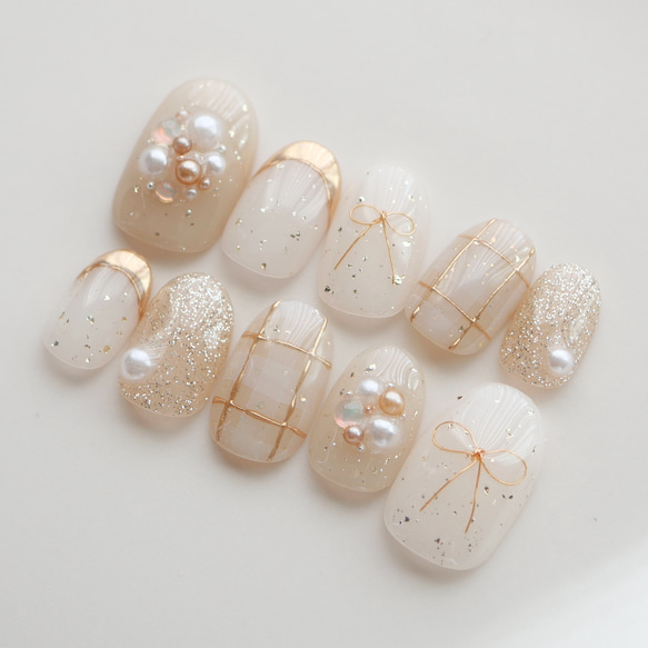 ワイヤーリボン×チェックネイル◇ネイルチップ【fuyu-No.14】 ネイル