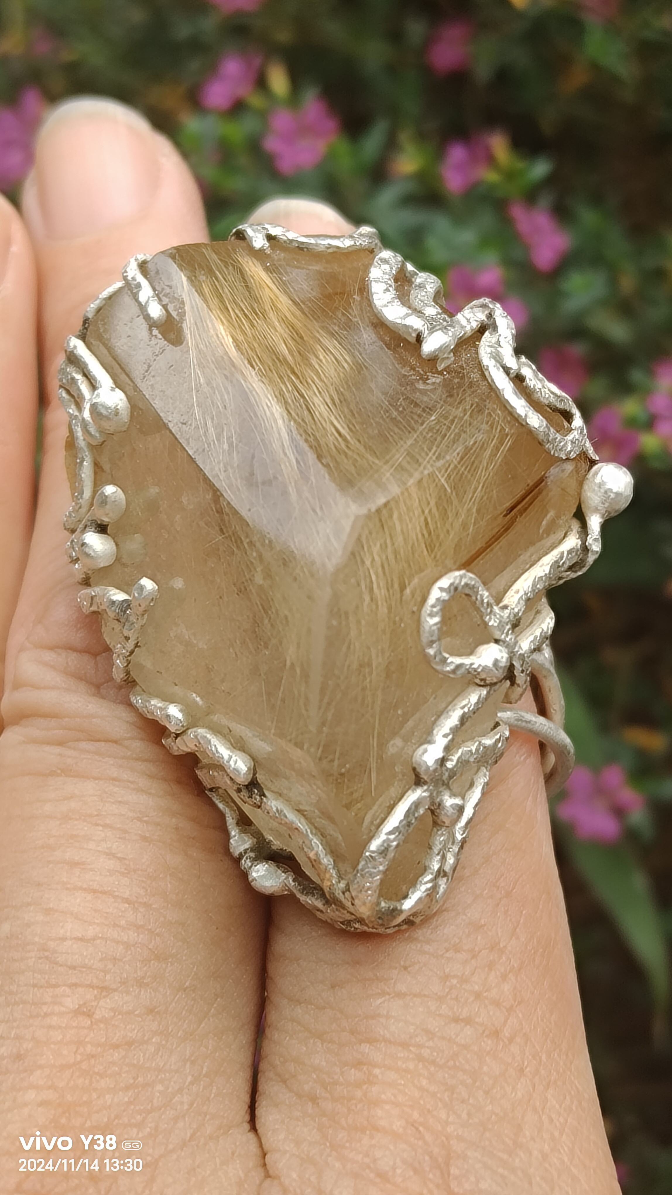 チタンクリスタルハンドメイドシルバーリングスターリングシルバーリング～「电」～ルチルシルバーリング