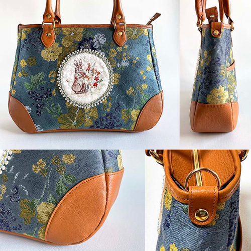 即納品】うさぎの絵が可愛い！A4収納可のファスナートートバッグ 牛革