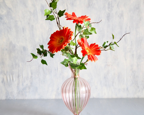 ガーベラ3輪とグリーンの枝】setガラスのフラワーベース【花瓶