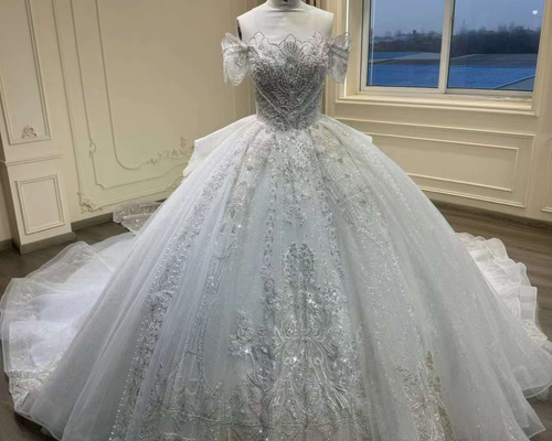 二の腕隠れる　ウェディングドレス オフショルダー刺繍入り 0265a5e678061271cd0e1486b77f61