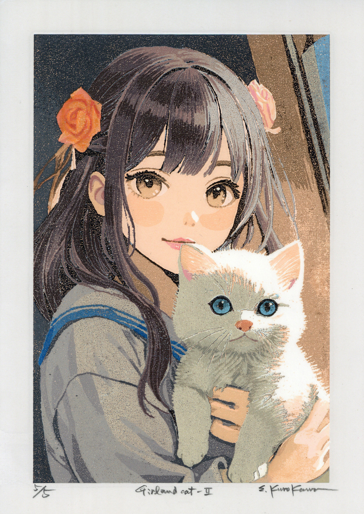 Girl and cat-Ⅱ/ペーパースクリーン印刷（和紙孔版画） 版画