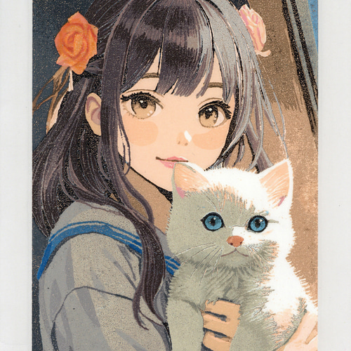 Girl and cat-Ⅱ/ペーパースクリーン印刷（和紙孔版画） 版画 黒川英一