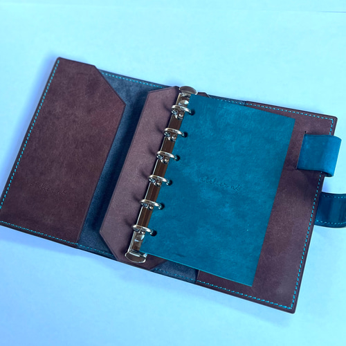 M5サイズ］システム手帳［ターコイズ×ダークブラウン］リング