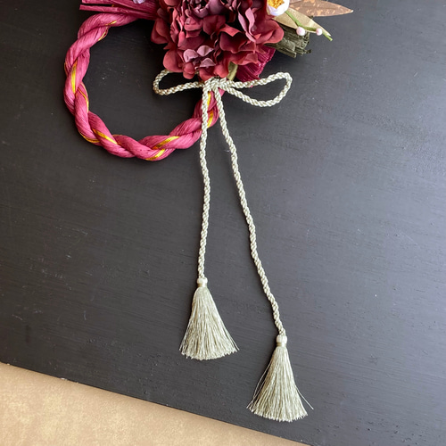 一点物【お正月】2本取り ダリアとデンファレのしめ縄リース しめ縄