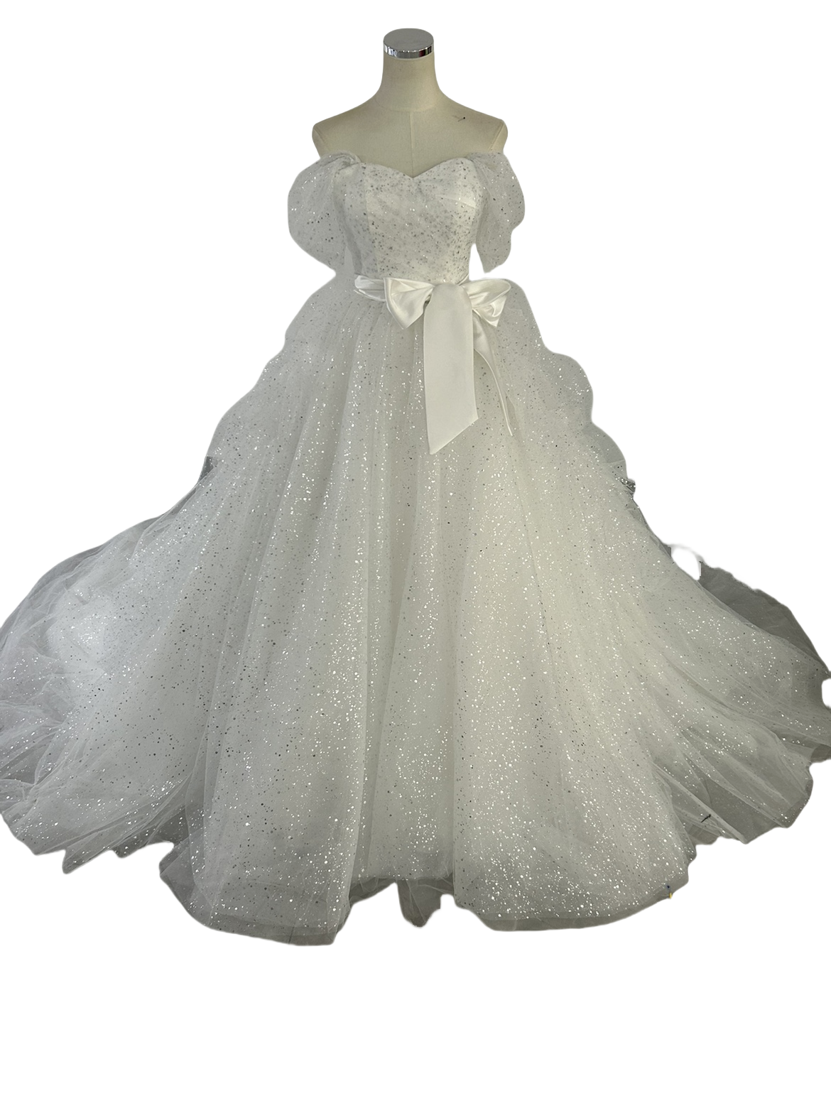 ウェディングドレス グリッタードレス ベルト オフショル 華やかなトレーン オフホワイト 披露宴/結婚式