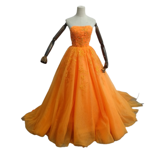 高品質！オレンジ カラードレス ベアトップ ソフトチュール 2次会