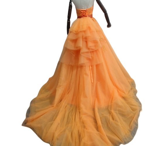 高品質！オレンジ カラードレス ベアトップ ソフトチュール 2次会