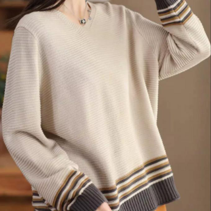冬の新型 レトロ Vカラー 長袖 ゆったり ストライプ ニット トップス