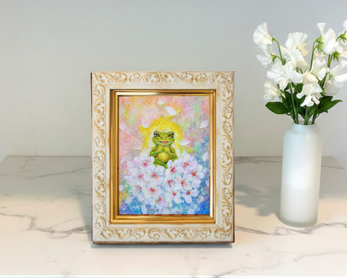 ◉一点物・再販不可】【カエル】F0 かえるの絵 カエル 蛙 小さめ絵画