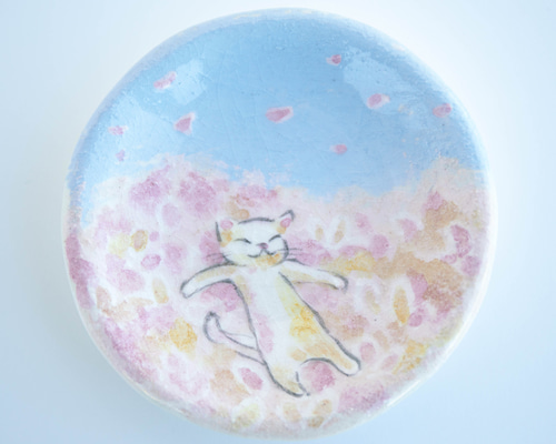 2025年 新春◇楽焼〚夢見る猫〛豆皿◇ 茶道具 取り皿 小物トレイ 楽入