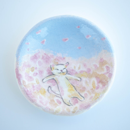 2025年 新春◇楽焼〚夢見る猫〛豆皿◇ 茶道具 取り皿 小物トレイ 楽入