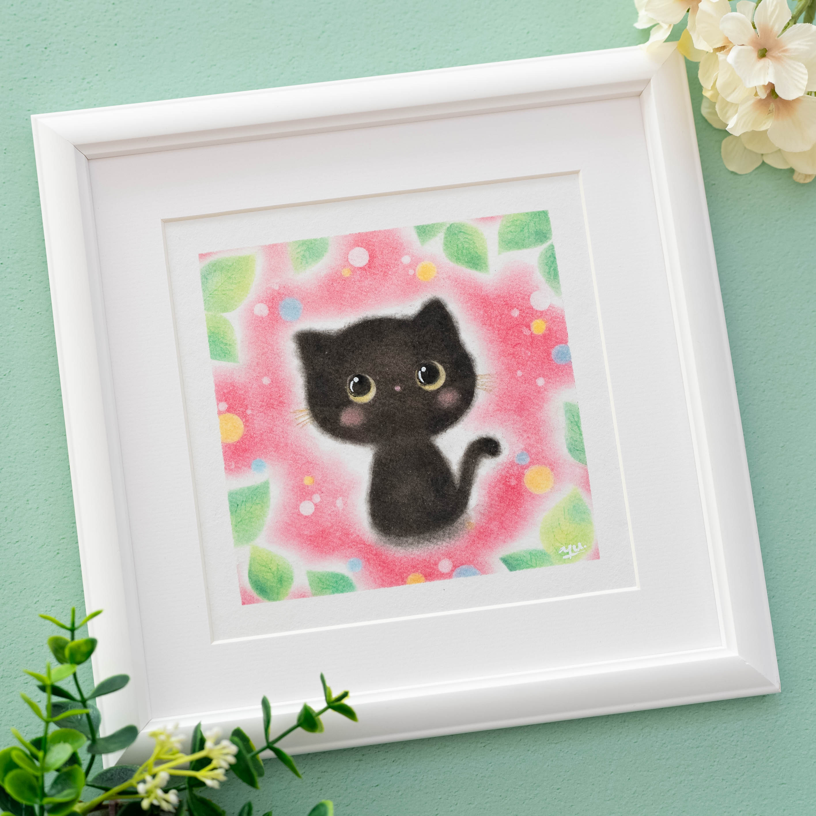 原画・フレーム付き】「おすましな黒猫ちゃん」 パステルアート