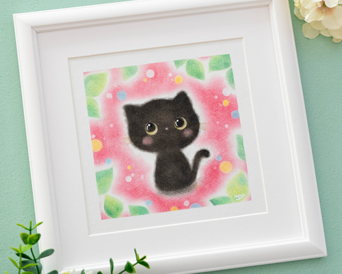 人物とペットのオーダー受付中　女性と黒猫 原画　ミニ絵画　おまけフレーム付き 原画・フレーム付き】「おすましな黒猫ちゃん」 パステルアート