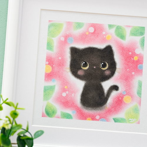 原画・フレーム付き】「おすましな黒猫ちゃん」 パステルアート