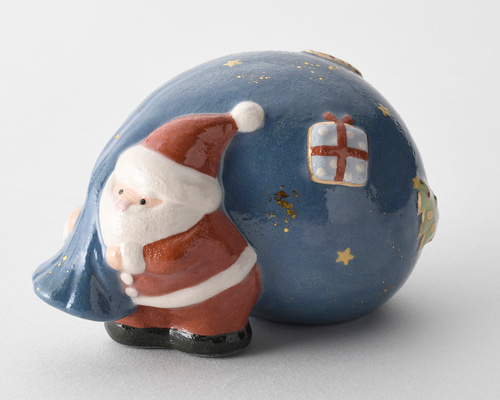 ☆2025クリスマス☆ 新作 楽焼〚袋サンタ〛置物 プレゼント