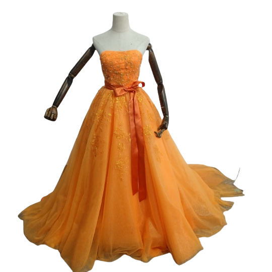 高品質！オレンジ カラードレス ベアトップ ソフトチュール 2次会/披露宴/挙式 エレガント ロングドレス