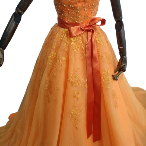 高品質！オレンジ カラードレス ベアトップ ソフトチュール 2次会  