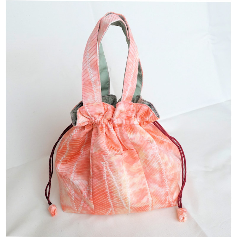 巾着バッグ＆マフラー シルク 着物リメイク リバーシブル 正絹 ストール