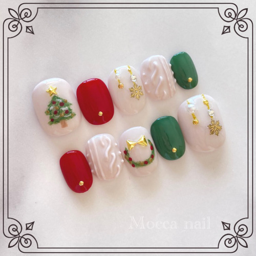 504】クリスマスツリー×ニットネイル レッドグリーン ネイルチップ