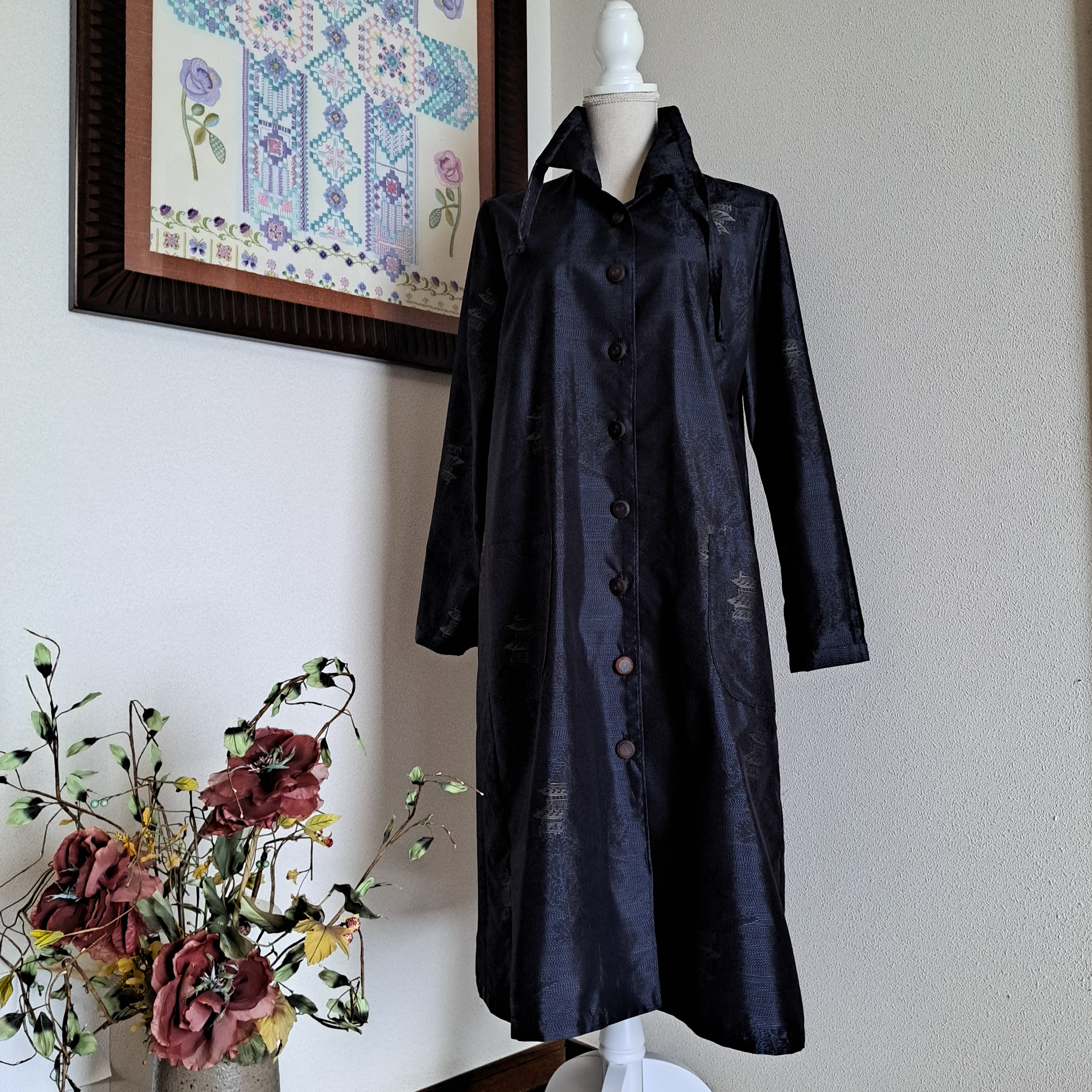 大島紬のビッグフードコート ベージュ 着物リメイク 大島紬のビッグフードコート ベージュ 着物リメイク 大島紬の