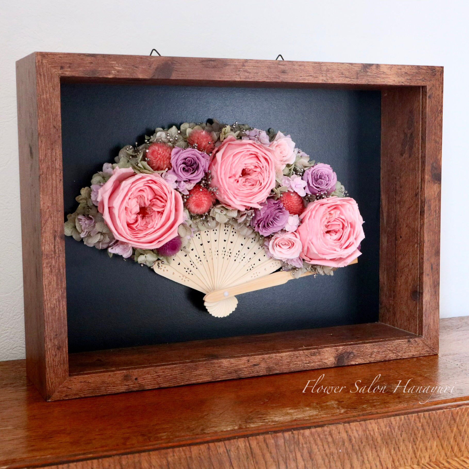プリザーブドフラワー　フレーム　ボックスフラワー　扇子ブーケ　和風アレンジ　結婚祝い　新築祝い　誕生日　長寿の祝い