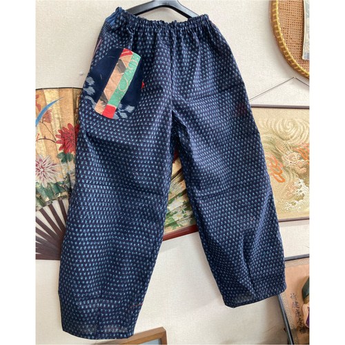 久留米絣と古布パッチワークパンツ 古布リメイク ロングパンツ 久留米絣と古布パッチワークパンツ 古布リメイク ロングパンツ