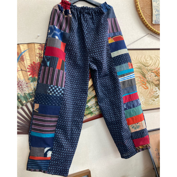久留米絣と古布パッチワークパンツ 古布リメイク ロングパンツ 久留米絣と古布パッチワークパンツ 古布リメイク ロングパンツ