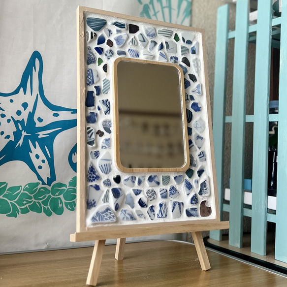 癒しの青 陶片のモザイクタイルミラー ドレッサー・ミラー・鏡台 FLOW
