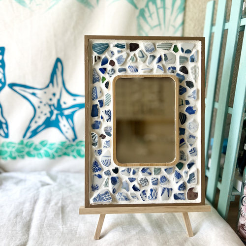 癒しの青 陶片のモザイクタイルミラー ドレッサー・ミラー・鏡台 FLOW