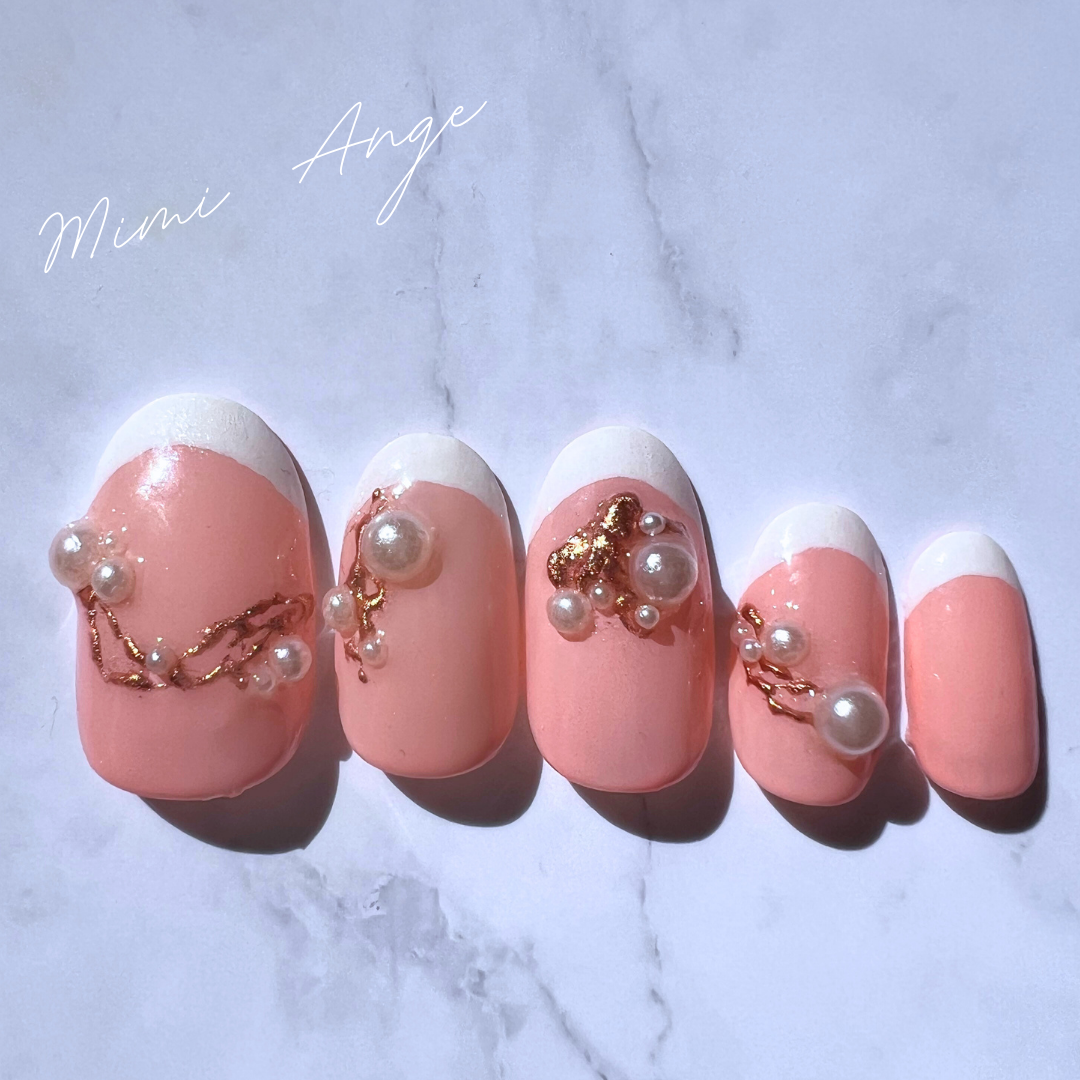 フレンチ×パール×ミラー⌇フレンチネイル　ニュアンス　サーモンピンク　アート　個性的⌇No.3 4,560円