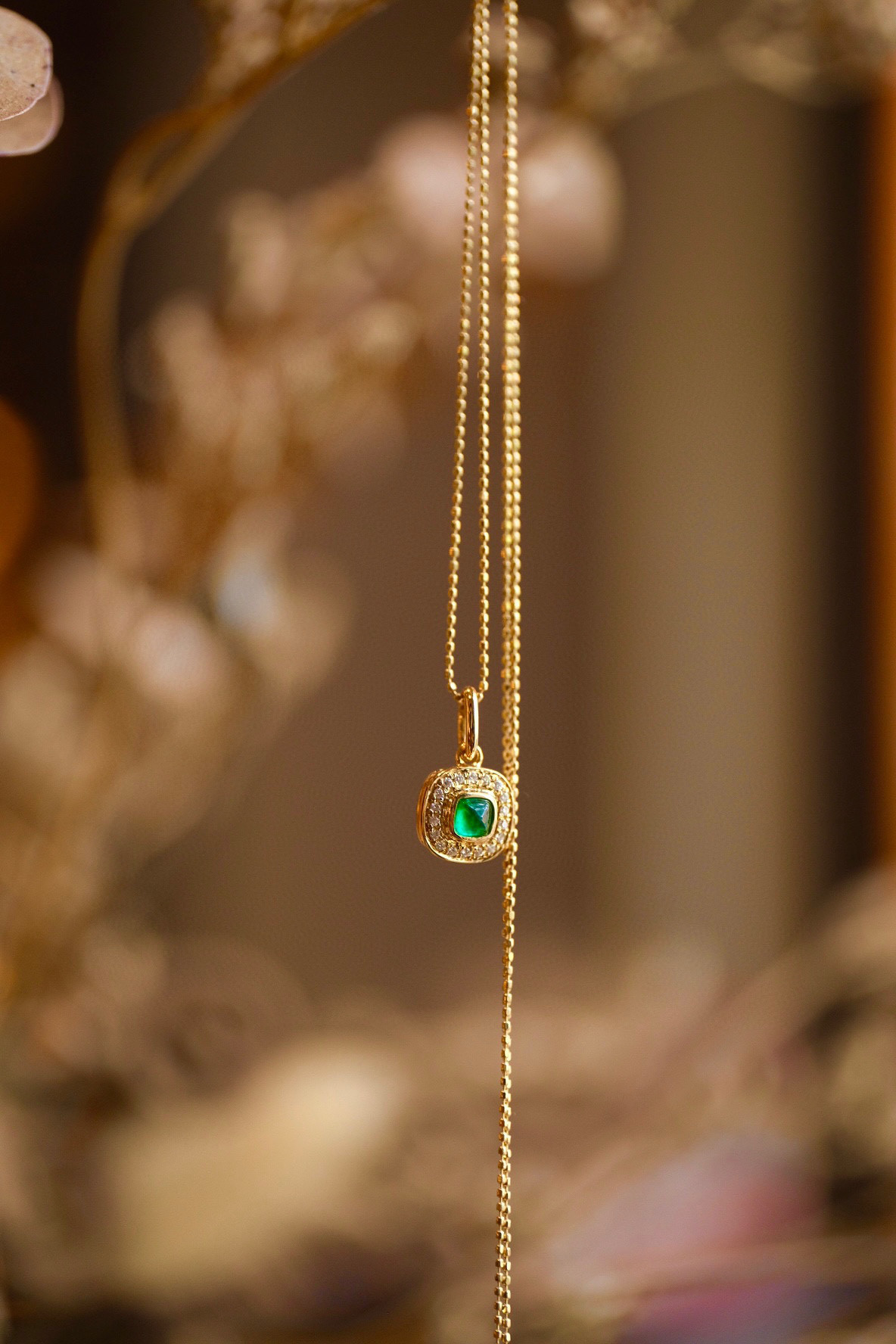 天然ダイヤモンド付きエメラルドペンダントk18