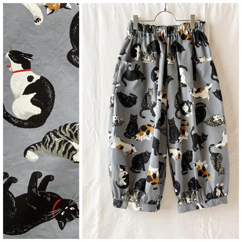 一年中ごきげんなバルーンパンツ：80cm（いろんな種類の猫たち：グレー）