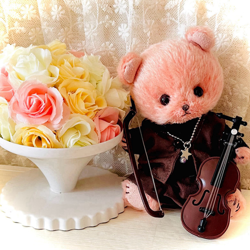 オレンジ色の小さなテディベア(バイオリン) ぬいぐるみ 愛恋虹 通販