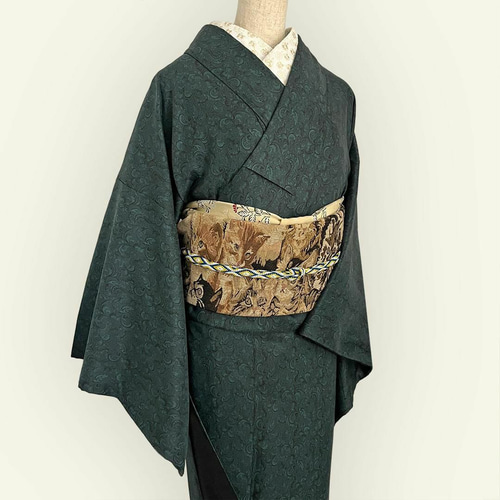 着物 袷 唐草 深緑 オリジナルきもの 色無地風 ポリエステル