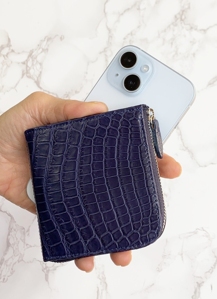 日本製　クロコダイル　マット仕上げ　薄型スマート　コンパクトウォレット　上質　L字ファスナーハーフタイプ　財布