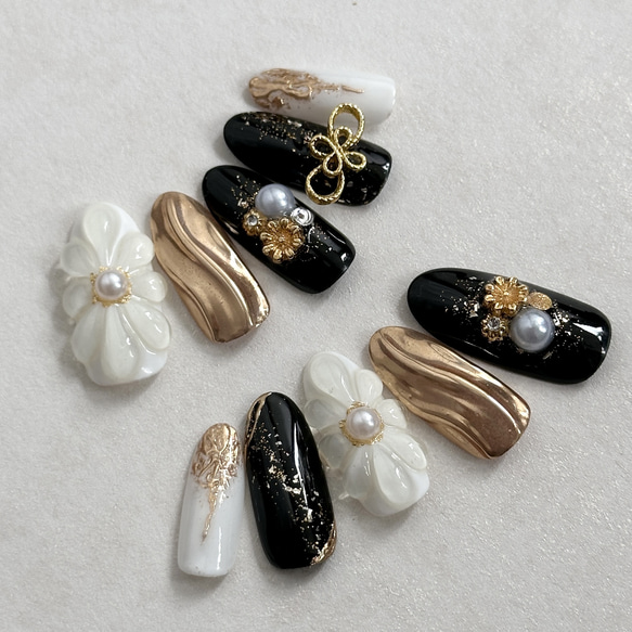 黒和装ぷっくりフラワーネイル/ミラーネイル/着物/和風/振袖