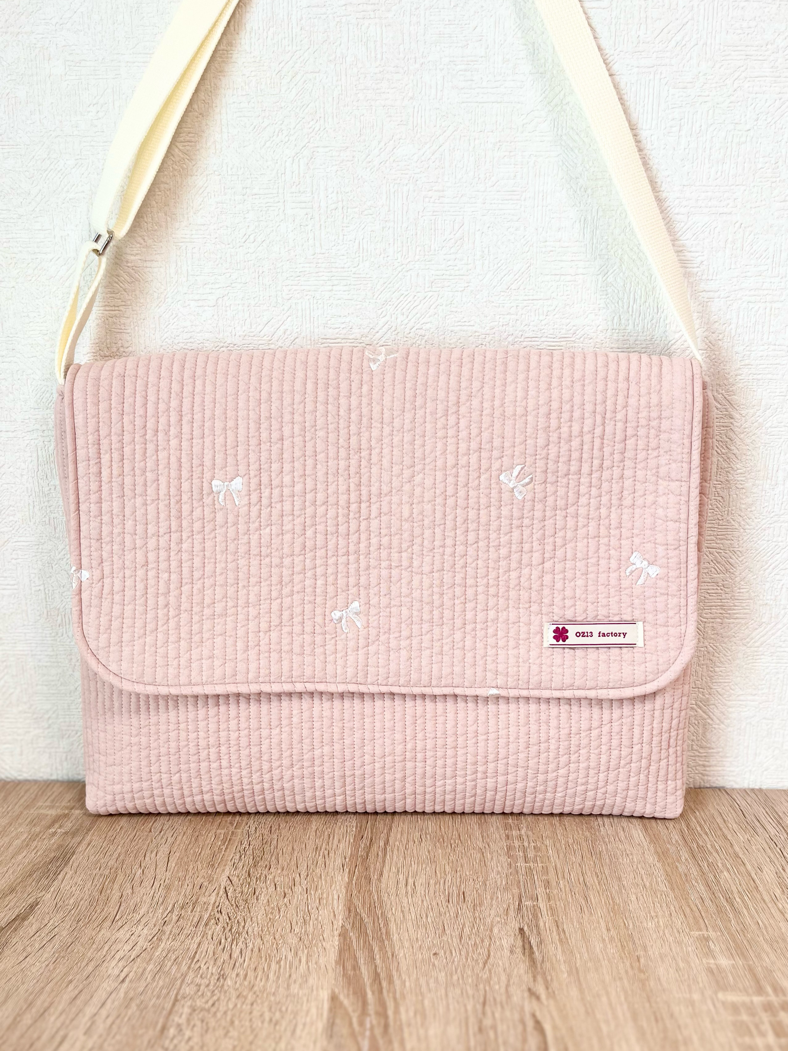 図書袋　ヌビ・リボン刺繍ベージュピンク×ヌビ•ベージュピンク