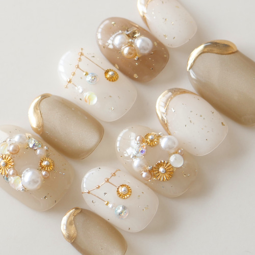リース、ネイルチップ キラキラパーツのクリスマスリースネイル-beige gold-◇ネイル
