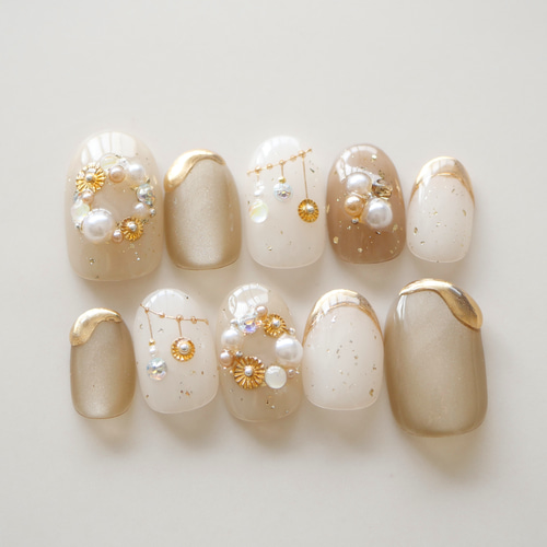 リース、ネイルチップ キラキラパーツのクリスマスリースネイル-beige gold-◇ネイル