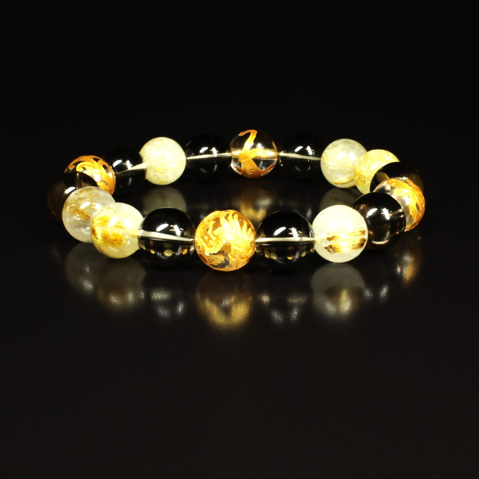 【責任感をもたらす】10ミリ 金彫四神獣 本水晶 ゴールドルチルクォーツ スモーキークォーツブレスレット sisin48