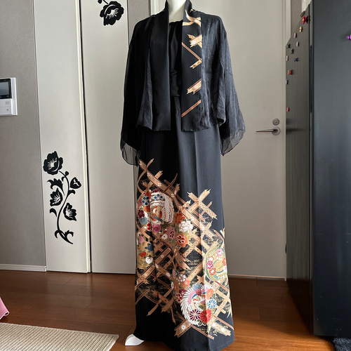 3105 着物　留袖　リメイク　ドレス　ワンピース 黒留袖 着物 和 モダン ハンドメイド リメイク ワンピース