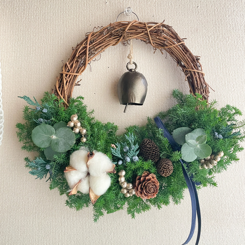 フレッシュ】ユーカリとコットンのクリスマスリース ベル クリスマス