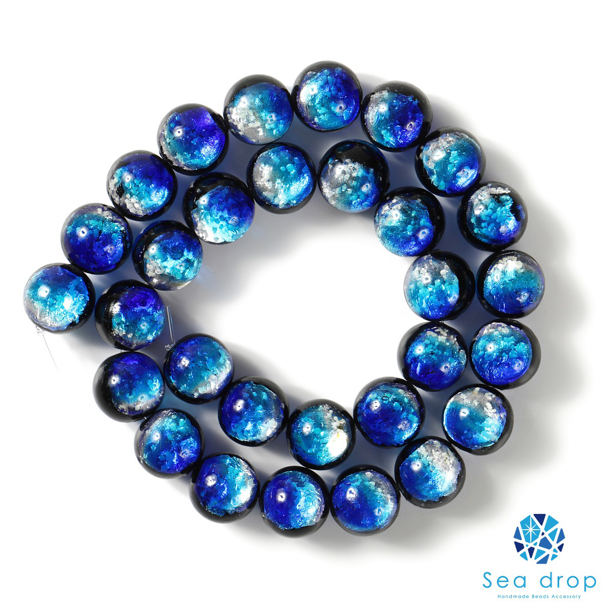Sea drop 光る ホタルガラス ヨナグニブルー 14mm 一連 30玉 一連約40cm 蓄光[260tt]