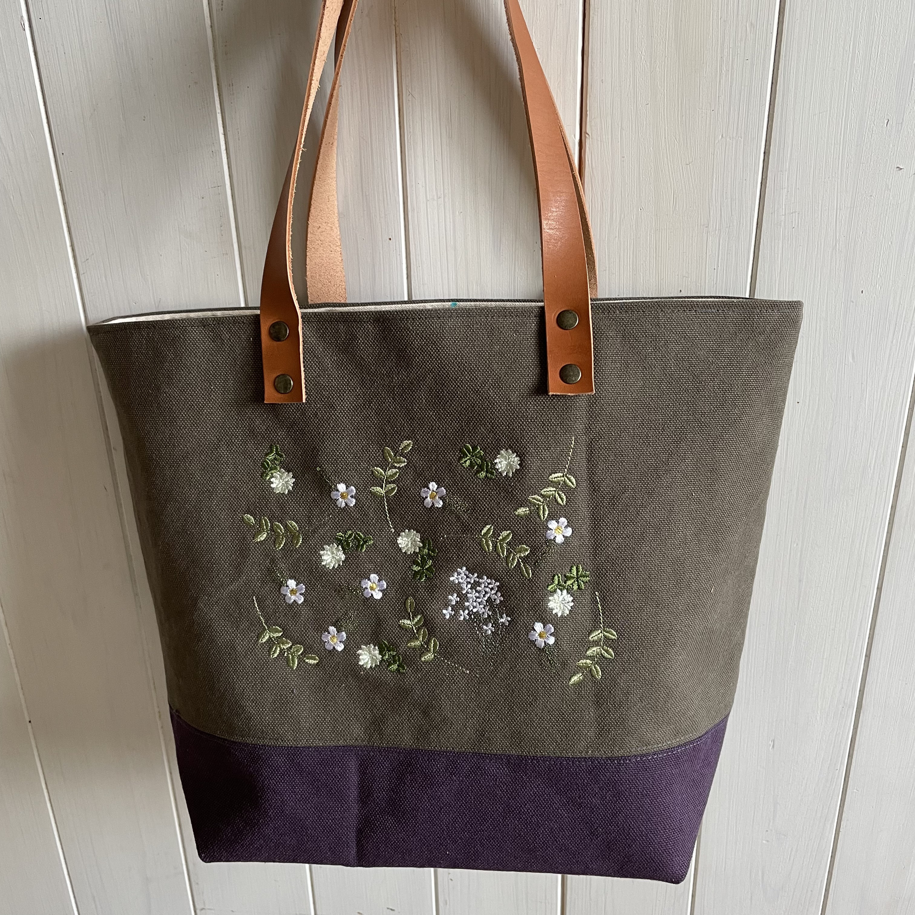 3日以内発送】刺繍ウォッシュ帆布8号+裏11号帆布 革持ち手の