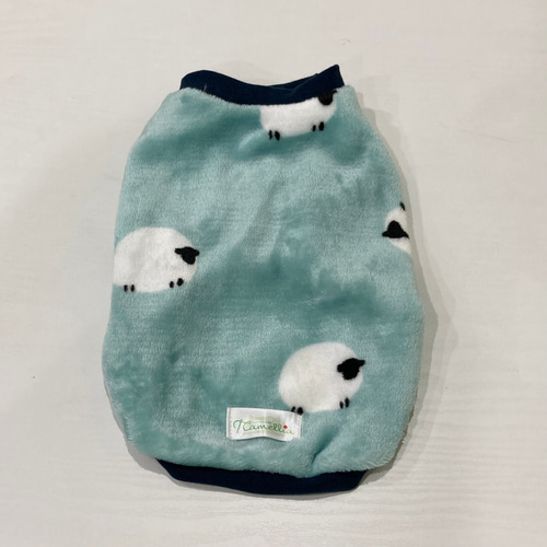 犬服 ふんわりフリースベスト ひつじ柄（紺リブ）やわらかフリース