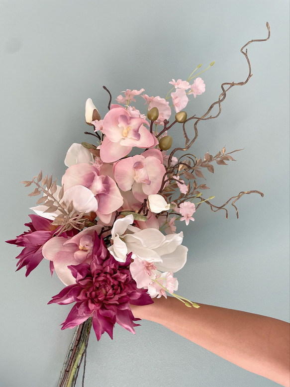 ウェディングブーケ 胡蝶蘭 和装 洋装 アーティフィシャルフラワーブーケ 和装ブーケ、胡蝶蘭、マグノリア、ダリア、ウェディングブーケ、造花