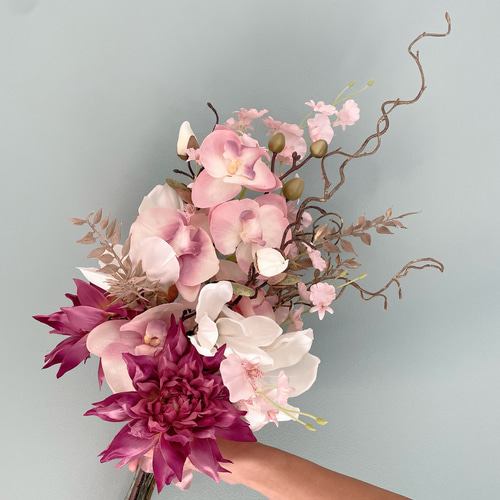 和装ブーケ、胡蝶蘭、マグノリア、ダリア、ウェディングブーケ、造花
