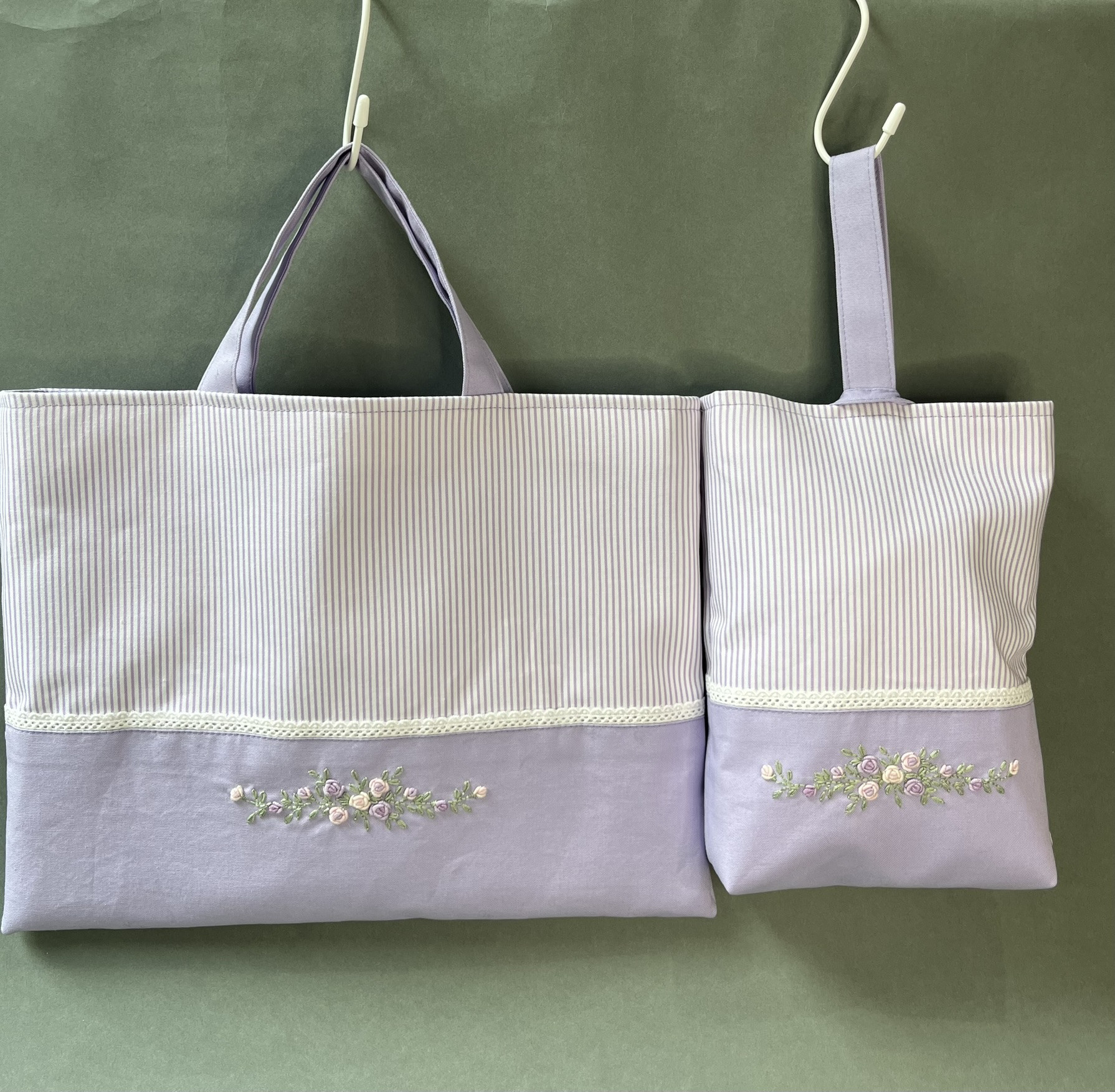 薔薇刺繍レッスンバッグ、シューズバッグ2点セット(ラベンダー)