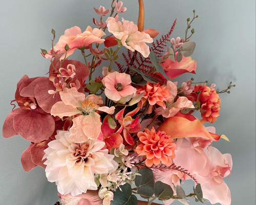 テラコッタ　オレンジ　アマランサス　アンスリウム　造花　ウェディングブーケ テラコッタブーケ、オレンジブーケ、胡蝶蘭、カラー、ダリア